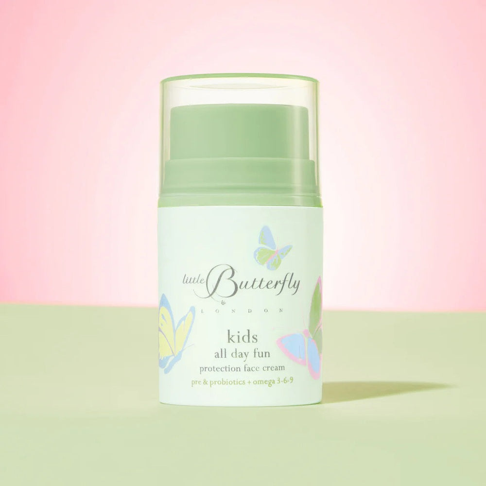 Little Butterfly London kids all day fun protection face cream, 50 ml bottle with pastel butterfly design