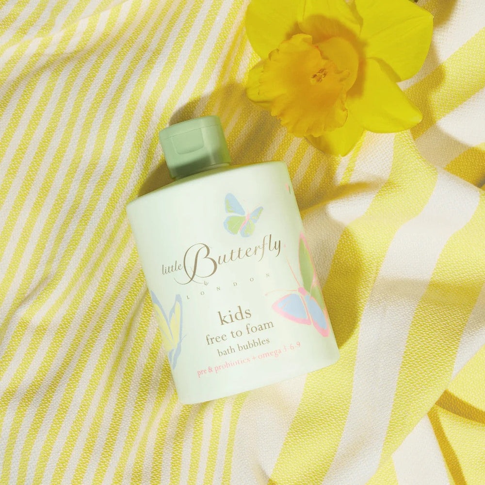 Little Butterfly London kids bath bubbles bottle in mint green with butterfly artwork, 300 ml