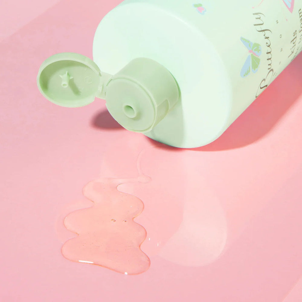 Little Butterfly London Free To Foam Bath Bubbles 300 ml bottle with pastel green cap and pink spill