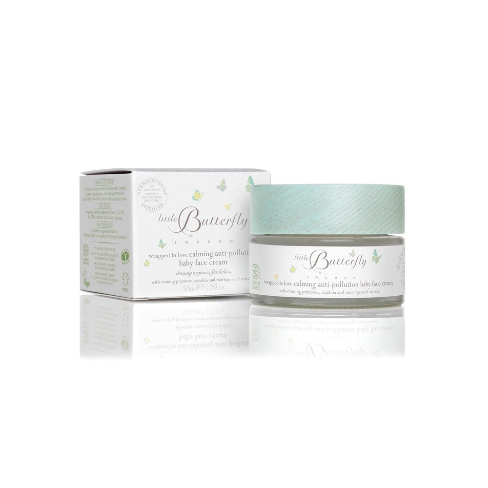 Little Butterfly London Wrapped In Love calming anti-pollution baby face cream, 50 ml jar with pale green cap and box