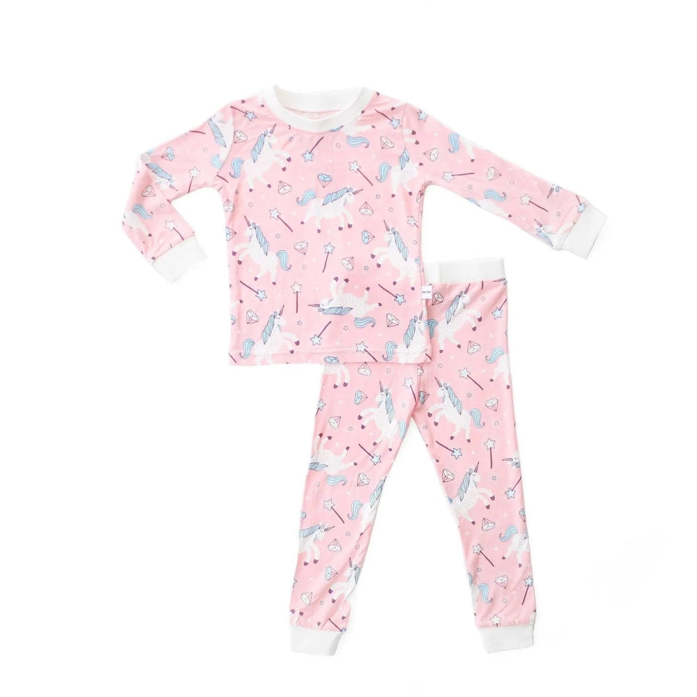 Little Sleepies Bamboo Pajama Set Pink Unicorns; two-piece kids nightwear laid flat with white cuffs.