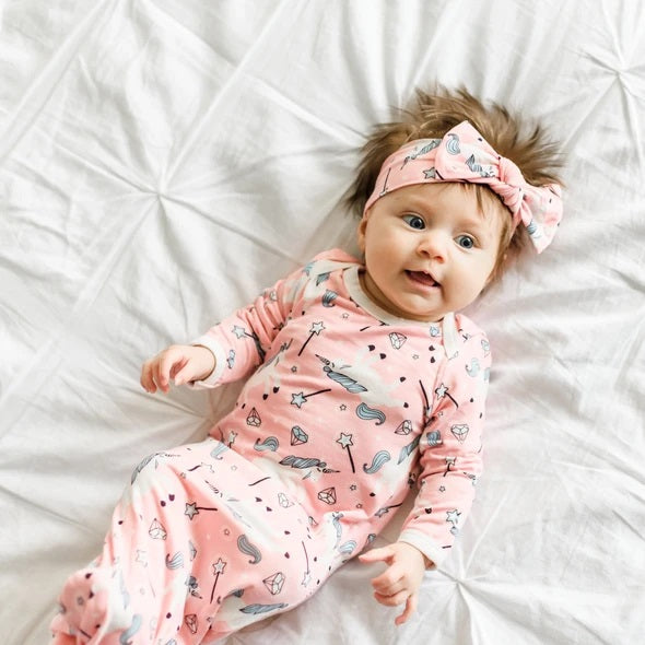 Little Sleepies Unicorns bamboo viscose infant knotted gown in pink with unicorn print and matching headband
