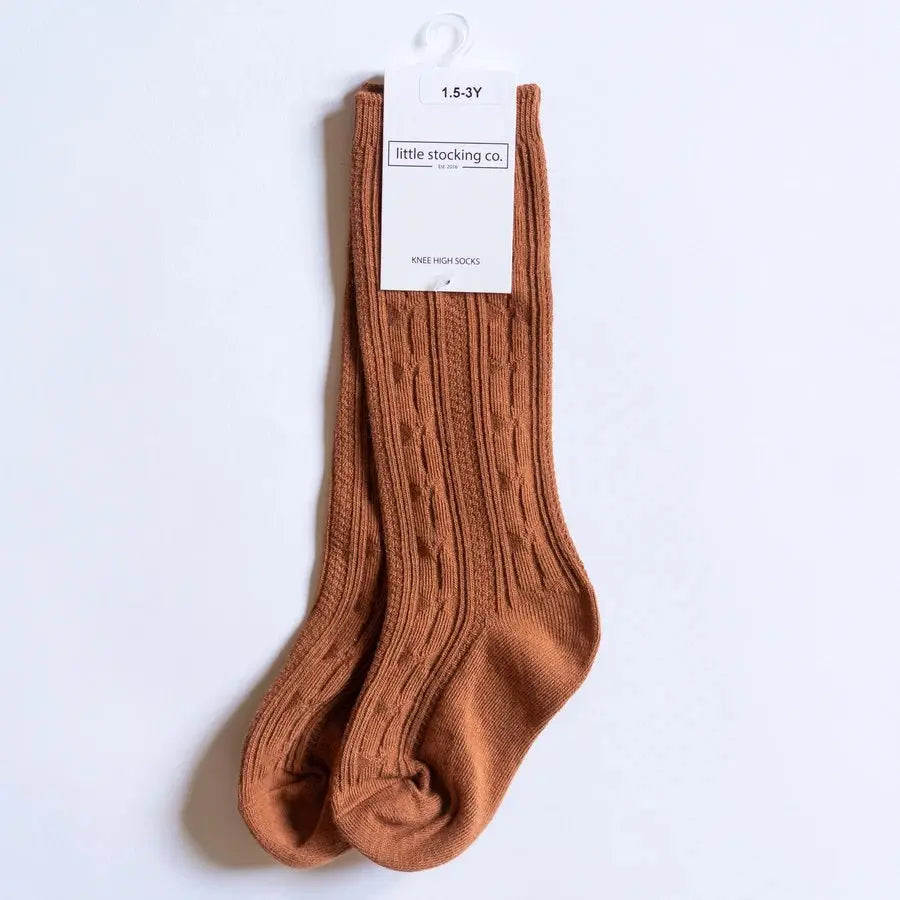 Little Stocking Co. Knee High Socks Almond; warm cable-knit baby socks in almond color, size 1.5-3Y
