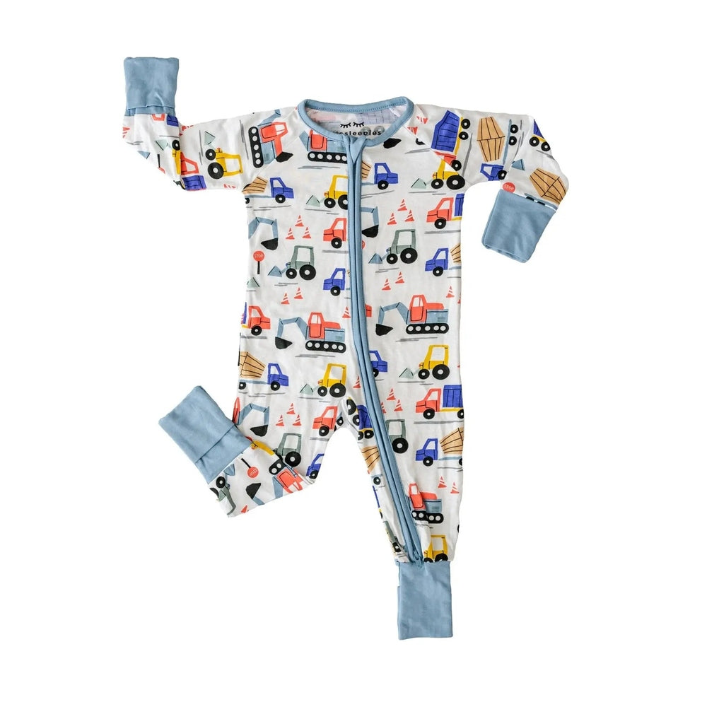 Littlesleepies Construction Bamboo Viscose Zippy onesie in white with blue cuffs, zipper open down the front.