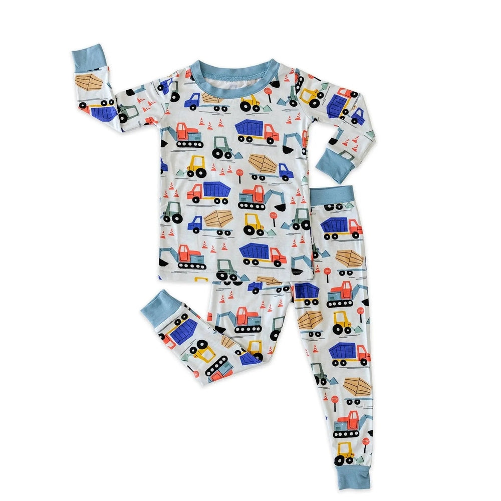 Littlesleepies Construction Two Piece Bamboo Viscose Pajama Set with blue cuffs, matching truck-print top and pants.
