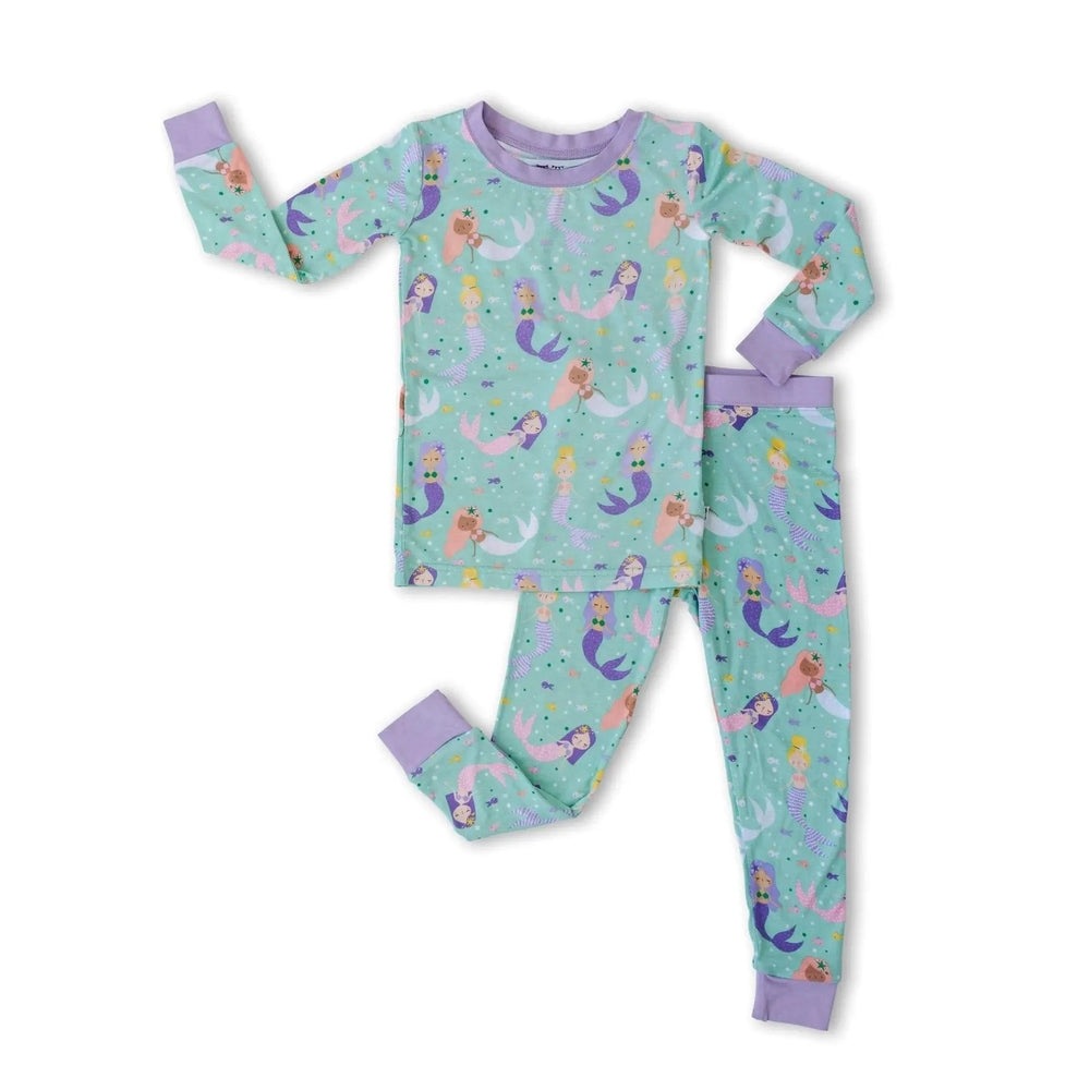 Littlesleepies Mermaid Magic Bamboo Viscose Pajama Set; teal with lavender cuffs, mermaid print, includes top and pants.