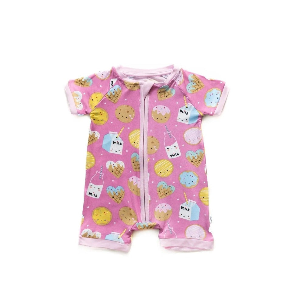 Littlesleepies Pink Cookies & Milk Bamboo Viscose Shorty Zippy romper with pink cookie-and-milk pattern and front zipper.