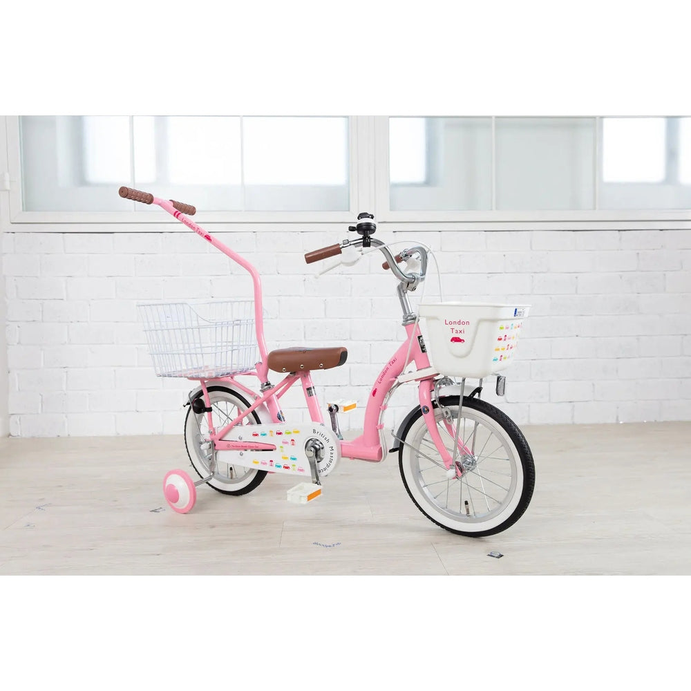 London Taxi 14 Inch Kid's Bike With Pushbar; pink frame, brown saddle, white front basket, training wheels attached.