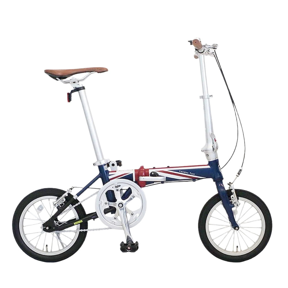 London Taxi folding 14-inch aluminum bicycle with Union Jack blue frame and brown saddle.