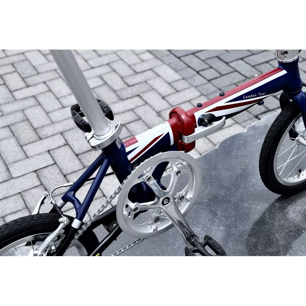 London Taxi folding 14-inch aluminum bicycle; lightweight kid's bike with Union Jack red, white, blue frame.