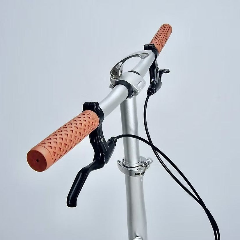 London Taxi Folding 14-inch aluminum bicycle handlebars with orange grips and black brake levers