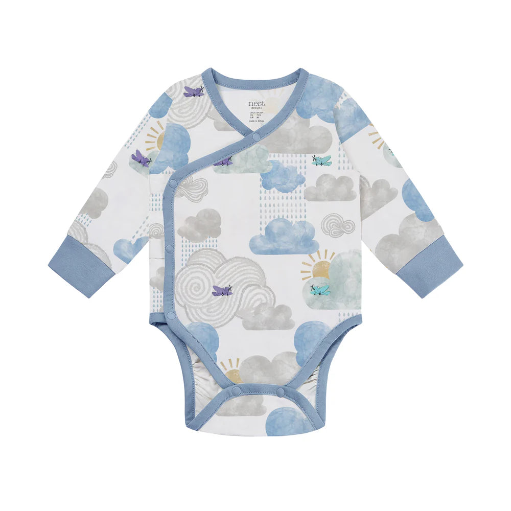 NEST DESIGNS Nest Designs Long Sleeve Kimono Onesie Fluffy Puffs wrap-front with snap crotch and airplane weather print img 1/6
