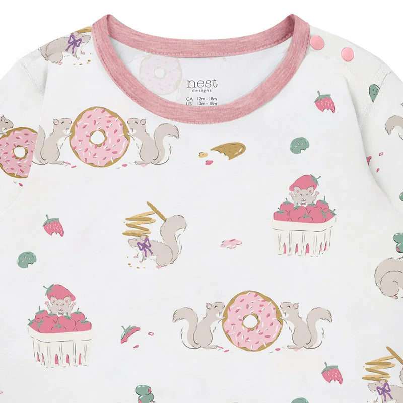 NEST DESIGNS Nest Designs Long Sleeve Kimono Onesie Very Squirrelly pink ribbed neckline with shoulder snaps img 5/6