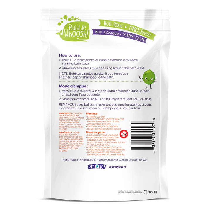 Loot Toy Co Lime Foaming Bath Powder, lime scent with bubbles, LOOT TOY CO brand on packaging