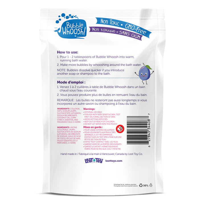 Loot Toy Co Foaming Bath Powder Plum in a white pouch with blue logo and plum cartoon