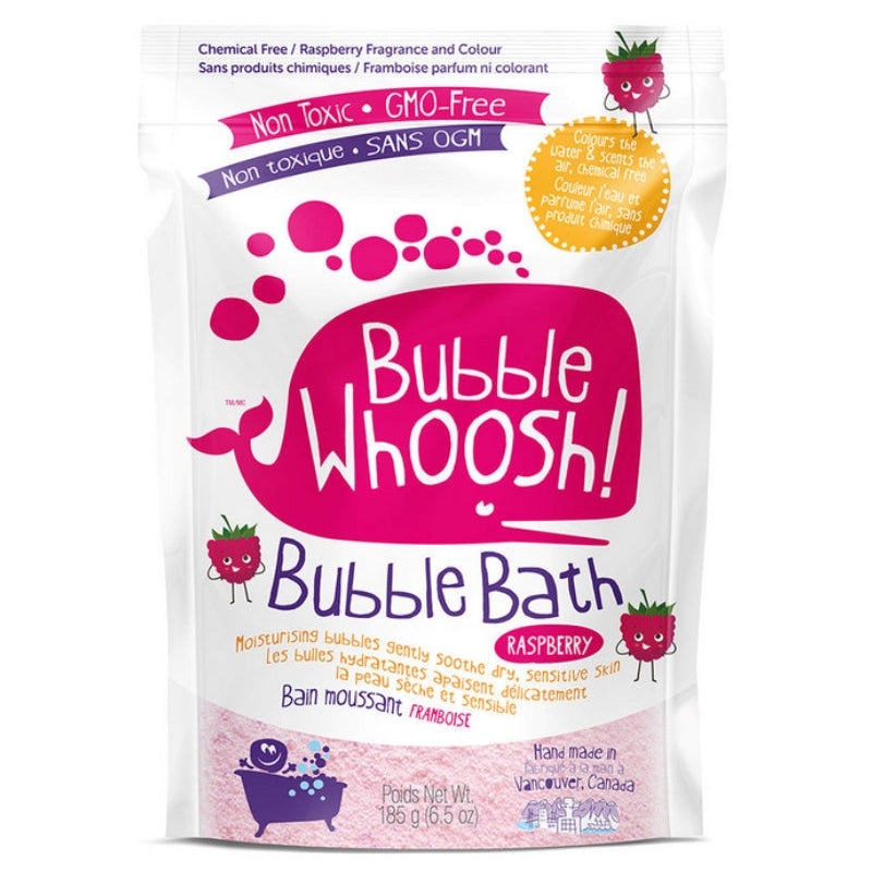 Loot Toy Co Foaming Bath Powder Raspberry in pink bubbly packaging for a gentle baby bath