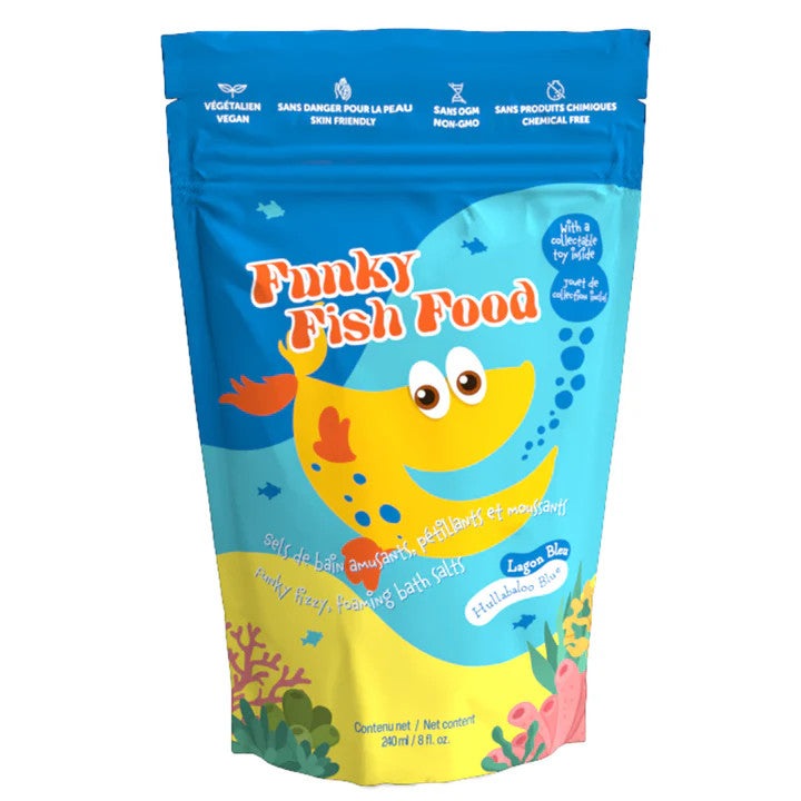 Loot Toy Co Funky Fish Food Hullabaloo Blue bath salts pouch with a yellow fish design