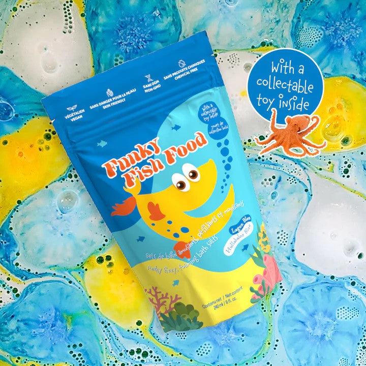Funky Fish Food Hullabaloo Blue bath pouch by Loot Toy Co with colorful fish illustration