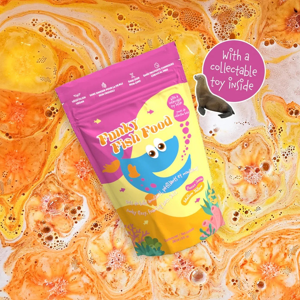 Funky Fish Food Mellow Yellow bath product by Loot Toy Co; pink and yellow pouch with a cartoon fish and collectible toy inside