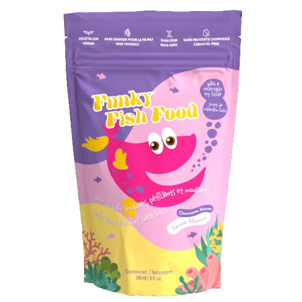 Loot Toy Co Funky Fish Food Swoon Maroon bath product in purple-pink pouch