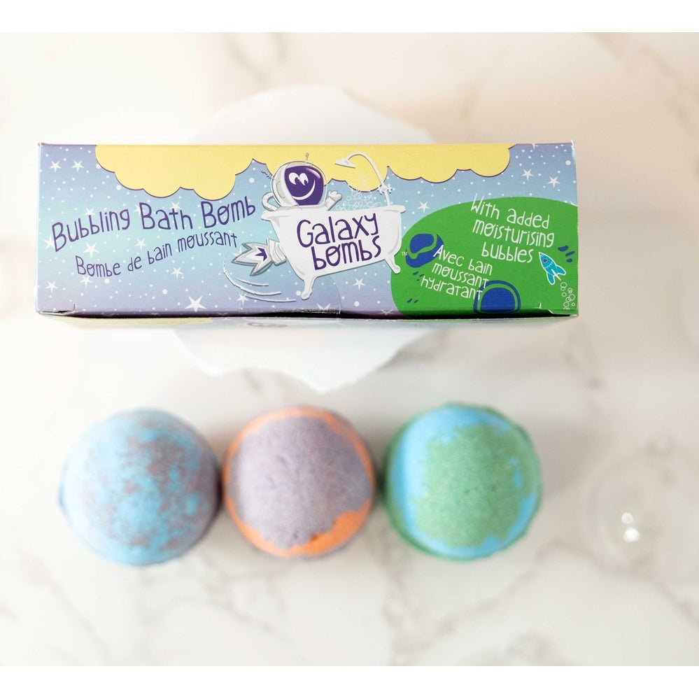 Galaxy Bombs Gift Pack from Loot Toy Co; 3 pastel bath bombs in blue, purple, and green
