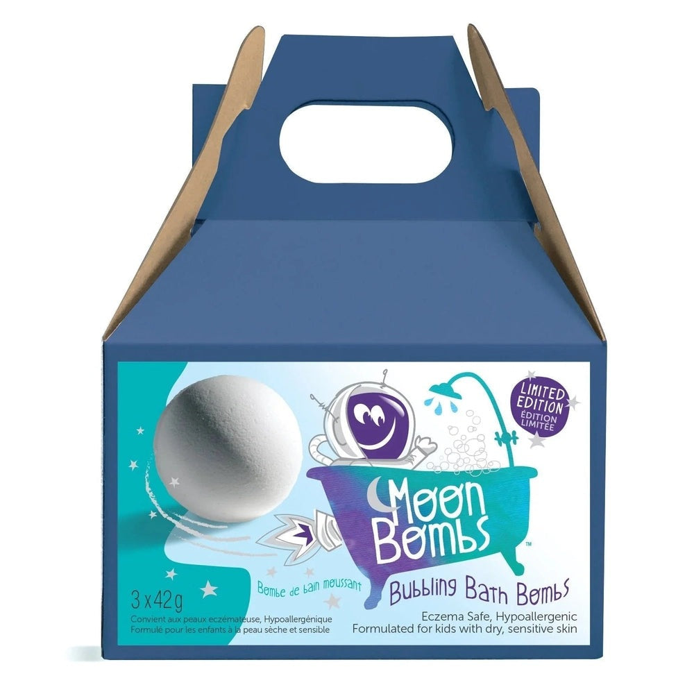 Moon Bubbling Bath Bombs 3-pack by Loot Toy Co in a blue gift box; limited edition for kids with dry, sensitive skin