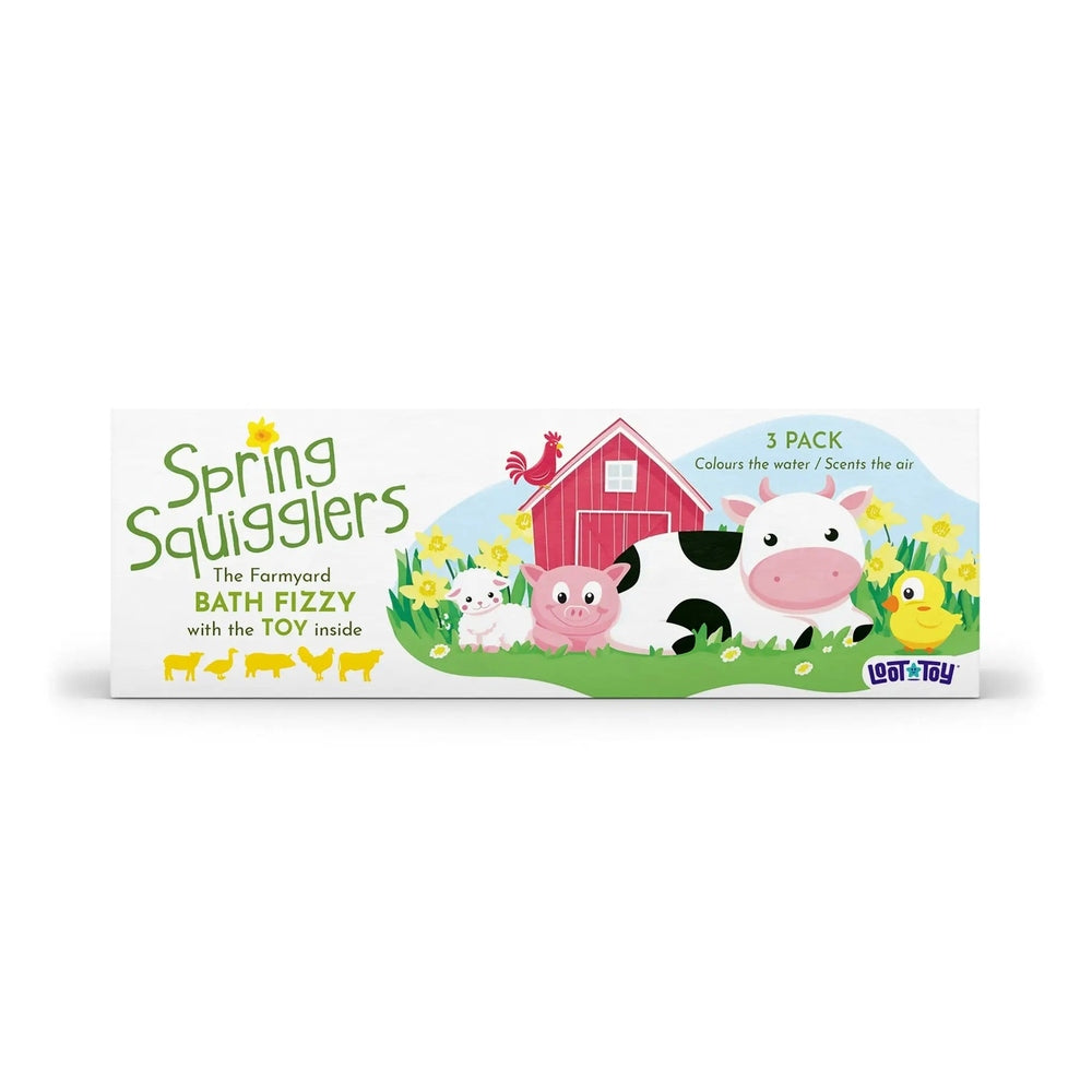 LOOT TOY CO. Loot Toy Co Spring Squigglers Limited Edition 3-Pack Bath fizzy bombs with farmyard animal toys inside img 1/3