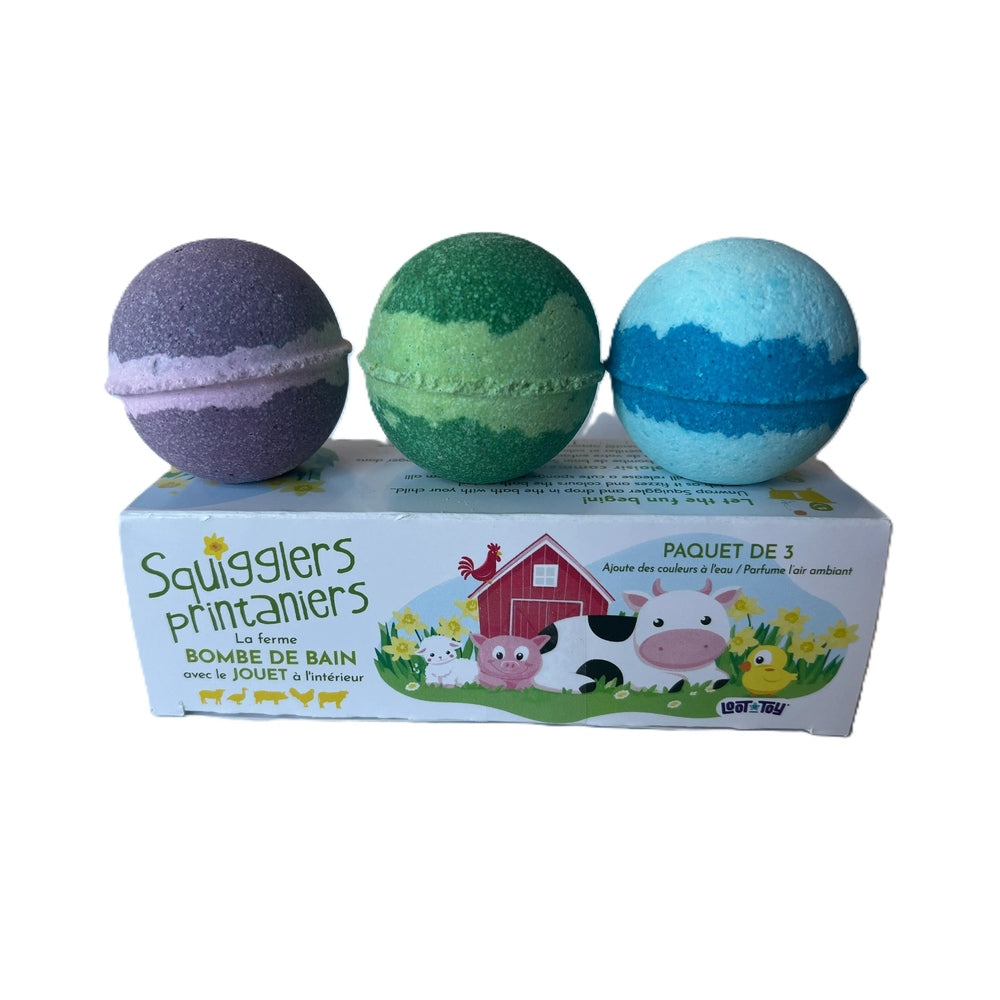 LOOT TOY CO. Loot Toy Co Spring Squigglers Limited Edition 3-Pack Two-tone bath bombs with center seams and surprise toys inside img 3/3
