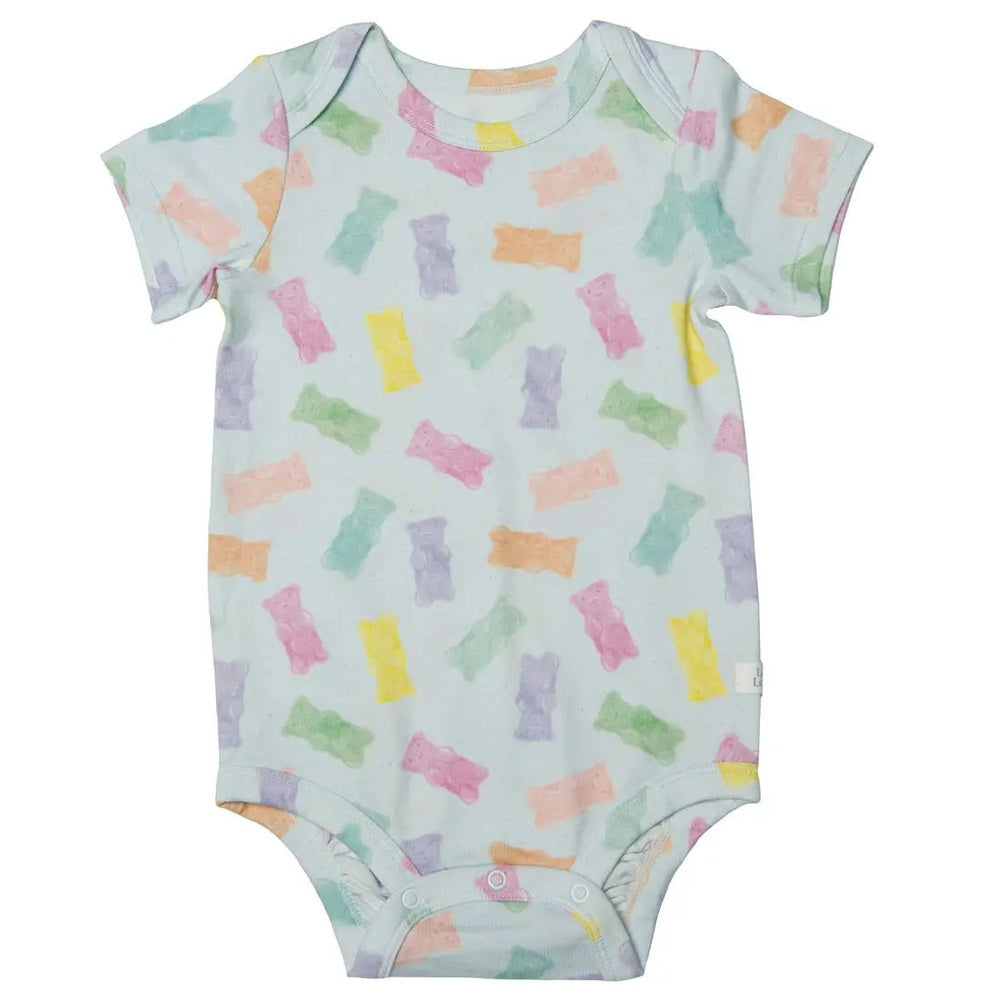 Loulou Lollipop Baby Bodysuit Gummy Bears in pastel print; short sleeves and snap-bottom closure.