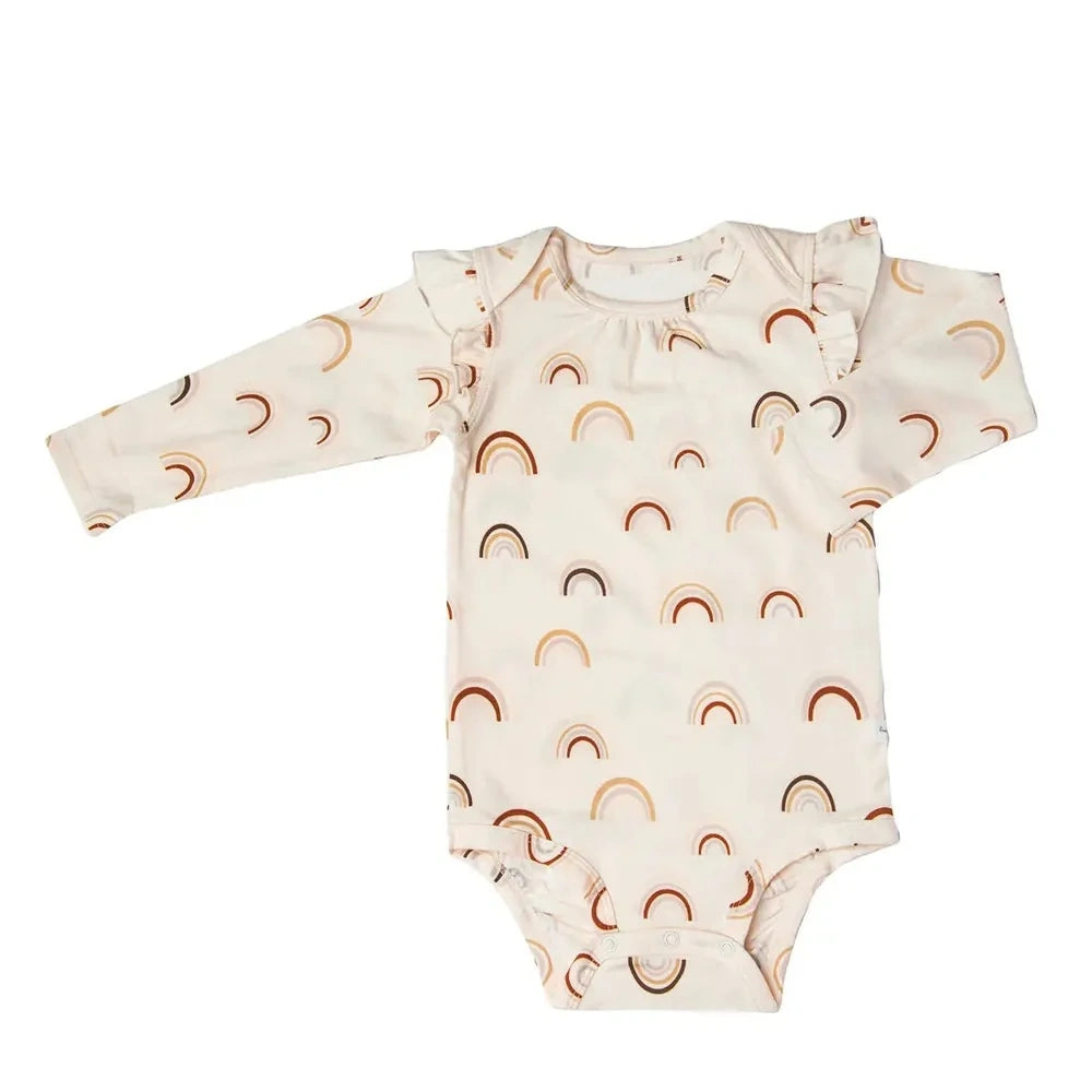 Loulou Lollipop Baby Bodysuit Long Sleeve Ruffle - Canyon Rainbow — front product view.
