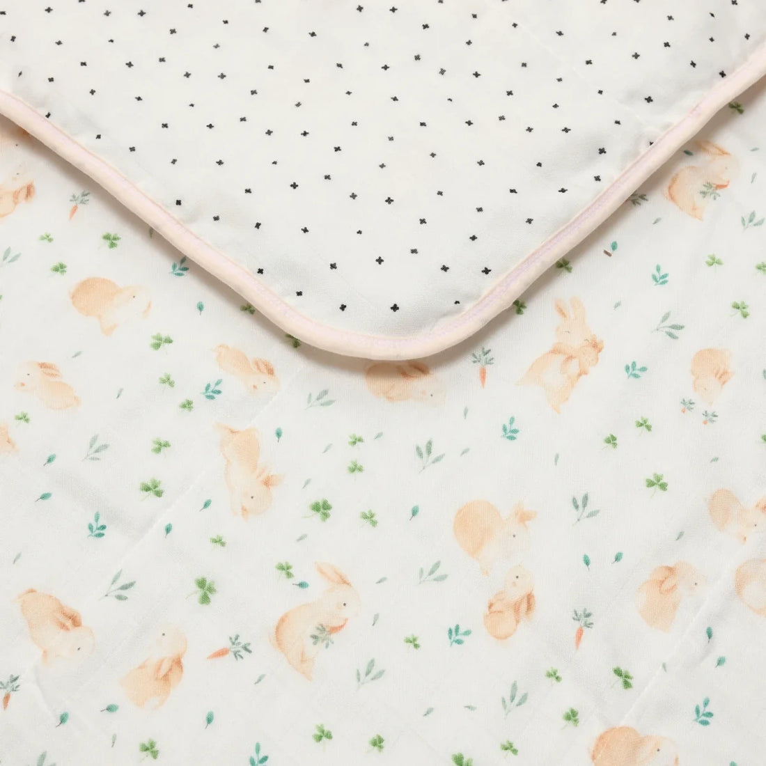Loulou Lollipop Baby Muslin Quilt in Tanboocel® Bamboo Viscose - Bunny Meadow — close-up of fabric, print and construction.