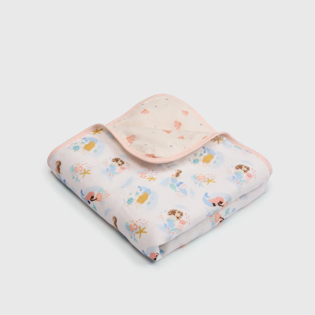 Loulou Lollipop Baby Muslin Quilt in Tanboocel® Bamboo Viscose - Mermaids — folded quilt showing the printed front and reverse.