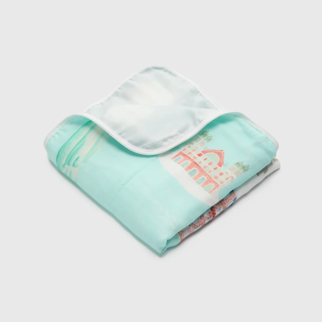 Loulou Lollipop Baby Muslin Quilt in Tanboocel® Bamboo Viscose - New York City — folded quilt showing the printed front and reverse.