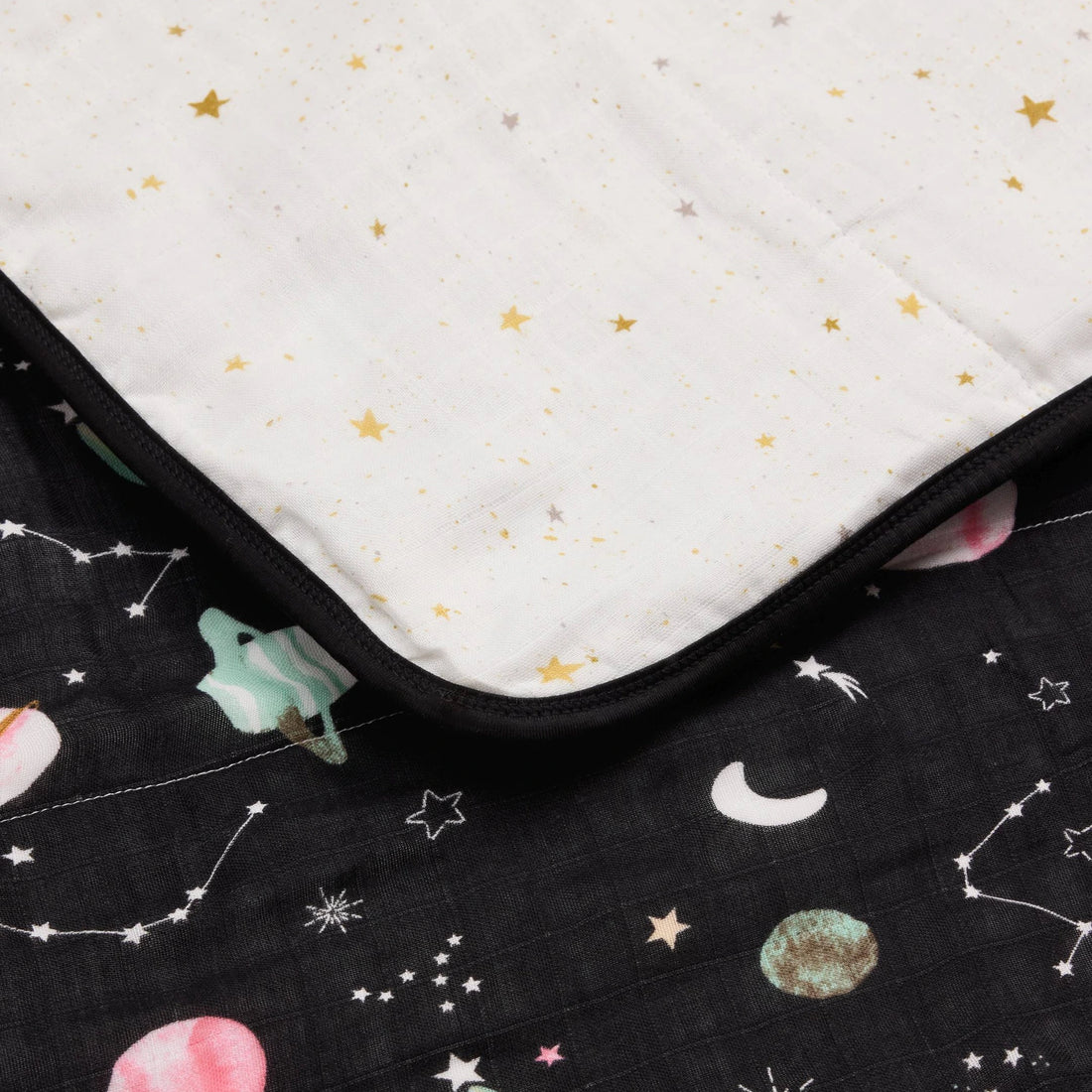 Loulou Lollipop Baby Muslin Quilt in Tanboocel® Bamboo Viscose - Planets — close-up of fabric, print and construction.