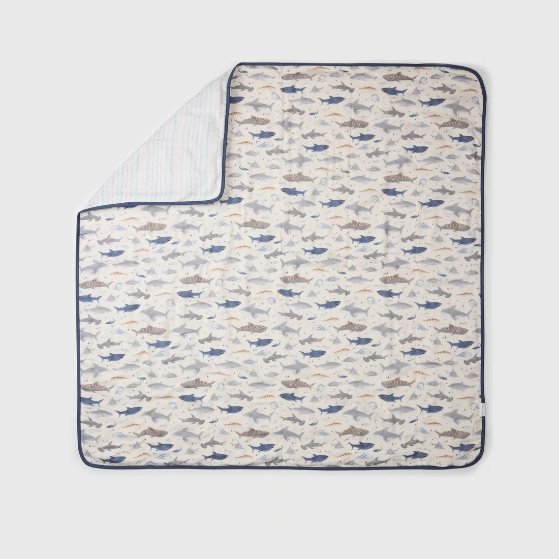 Loulou Lollipop Baby Muslin Quilt in Tanboocel® Bamboo Viscose - Smiley Sharks — front product view.