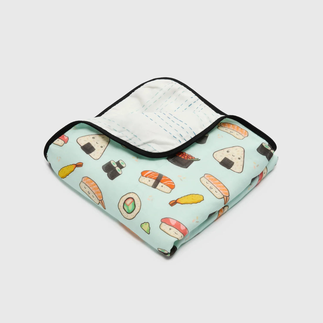 Loulou Lollipop Baby Muslin Quilt in Tanboocel® Bamboo Viscose - Sushi — folded quilt showing the printed front and reverse.