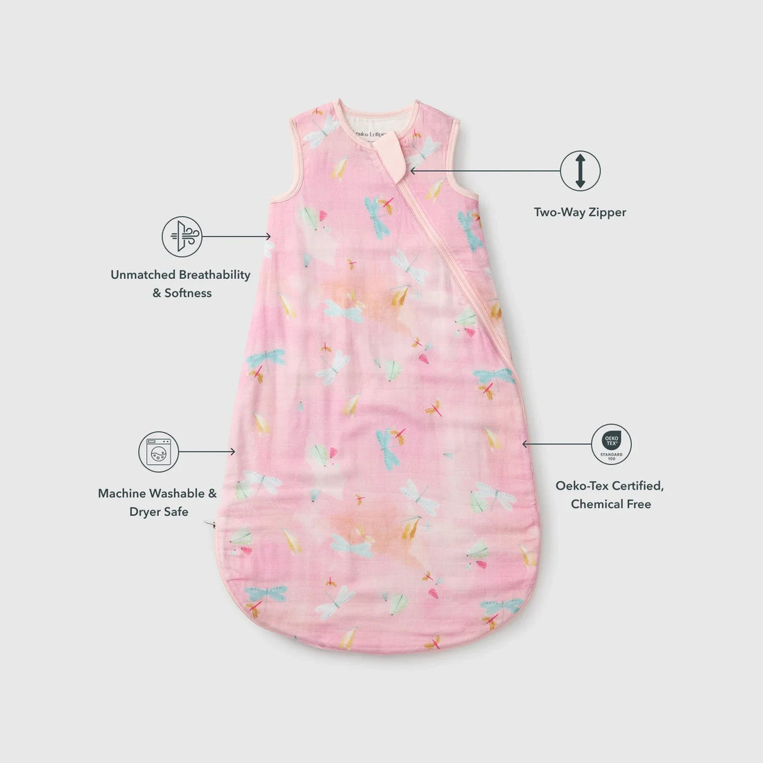 Loulou Lollipop Baby Muslin Sleep Bag 0.5 TOG in Tanboocel® Bamboo Viscose - Dancing Dragonflies — product view with feature callouts.