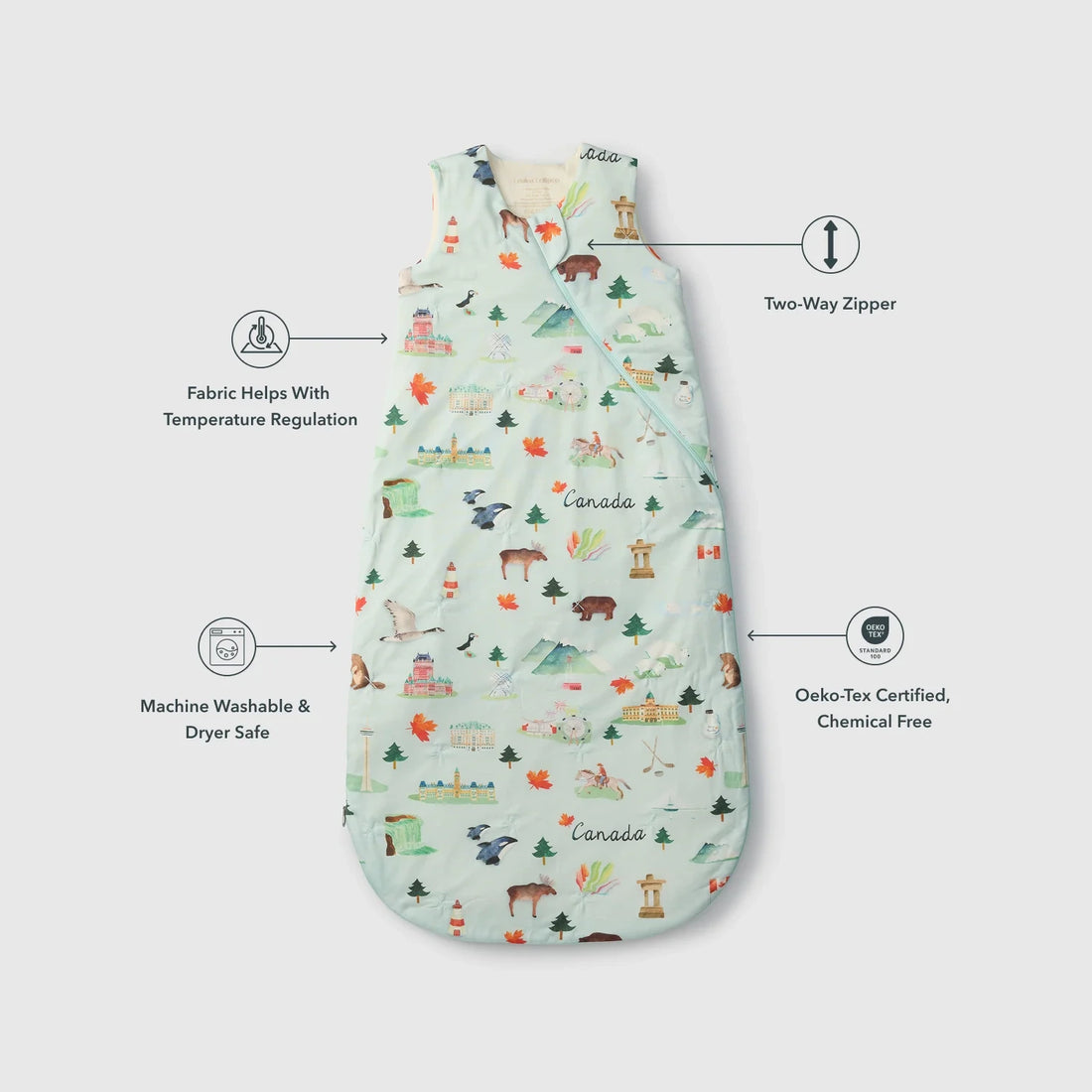Loulou Lollipop Baby Sleep Bag 1.0 TOG in TENCEL™ Lyocell - Canada — product view with feature callouts.