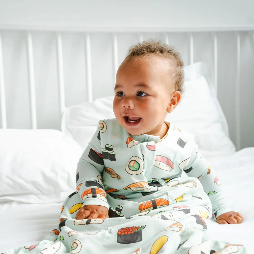 Loulou Lollipop Baby Sleep Bag 1.0 TOG in TENCEL™ Lyocell - Sushi — baby wearing the sleep bag at home.