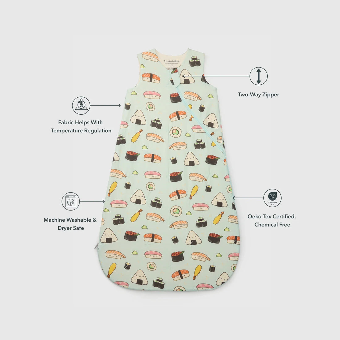 Loulou Lollipop Baby Sleep Bag 1.0 TOG in TENCEL™ Lyocell - Sushi — product view with feature callouts.