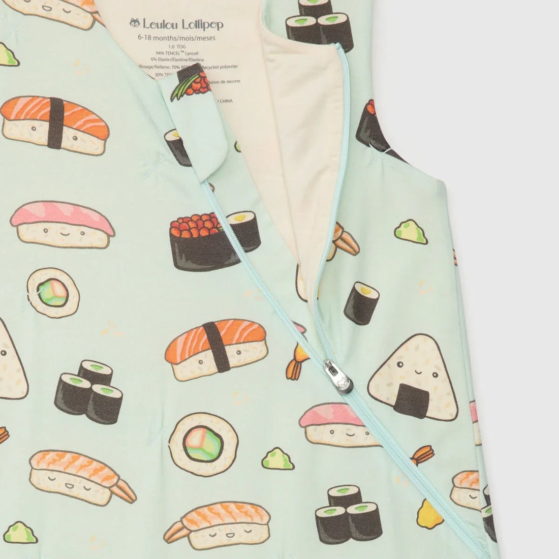 Loulou Lollipop Baby Sleep Bag 2.5 TOG in TENCEL™ Lyocell - Sushi — close-up of fabric, print and construction.