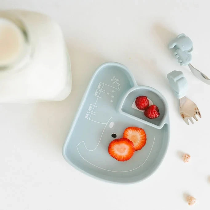 Loulou Lollipop Baby Utensils Set - Eddie Elephant — snack plate with food and utensils in use.
