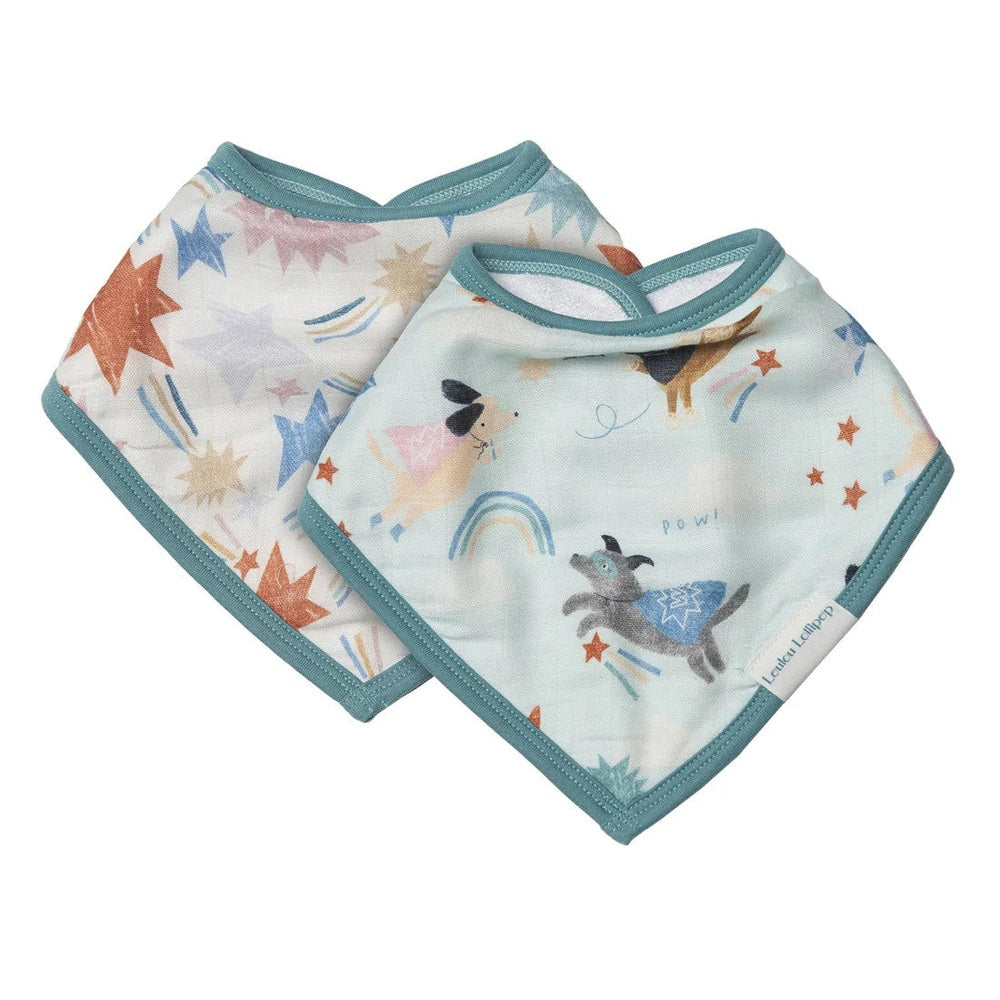 Loulou Lollipop Bandana Bib Set with teal trim; two bibs laid flat showing star and animal prints.