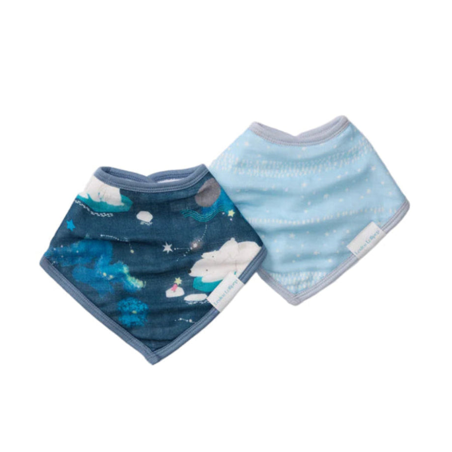 Loulou Lollipop Bandana Bib Set: two bibs laid flat-navy space print and light-blue print with gray trim.