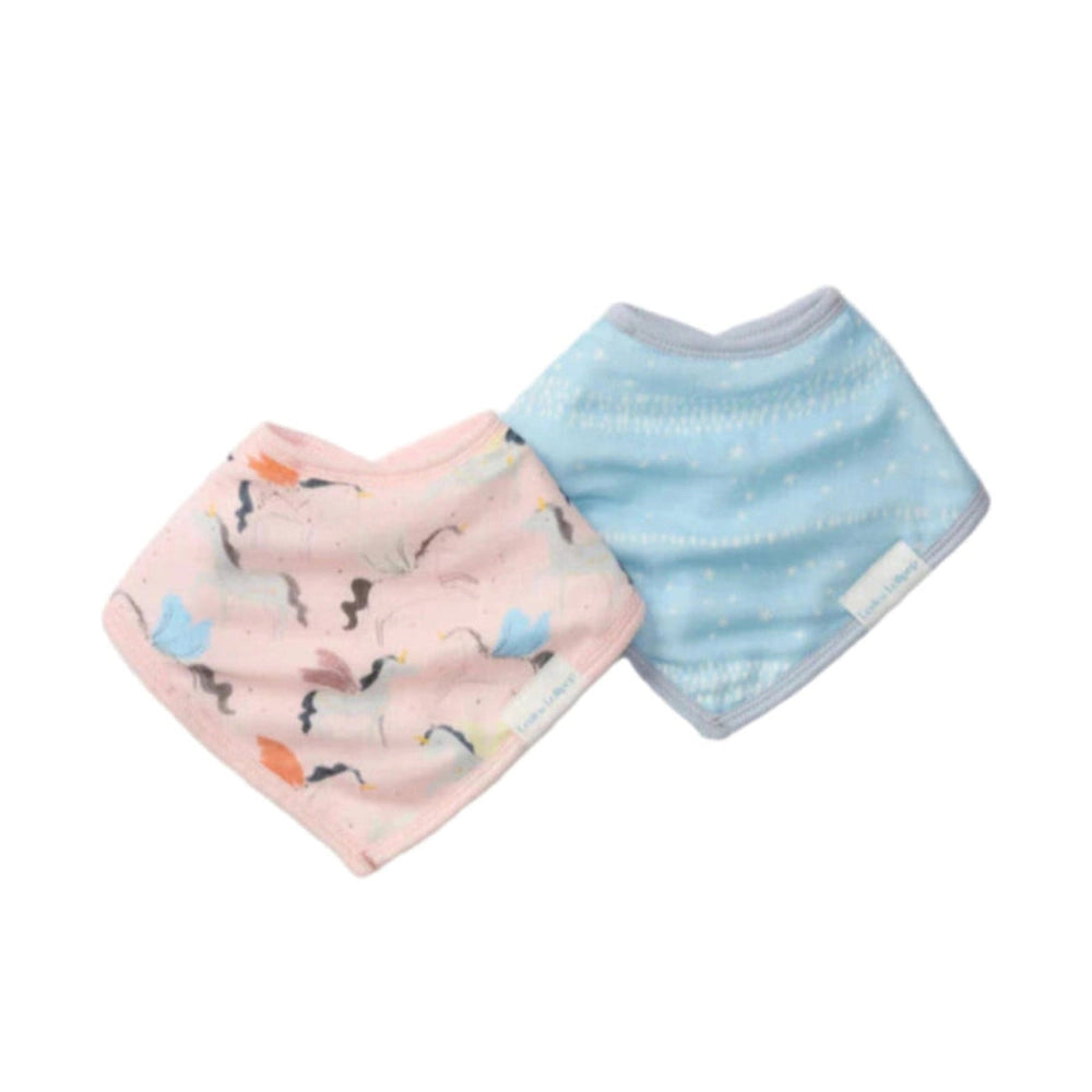 LOULOU LOLLIPOP Bandana Bib Set: pink patterned and blue dotted bibs laid flat for feeding time.