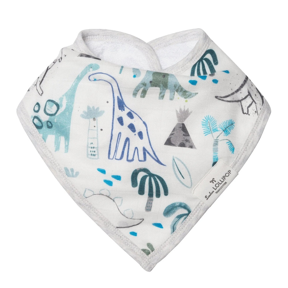 Loulou Lollipop Bandana Bib Set, white with blue dinosaur prints, soft cotton terry baby bibs folded into triangles.