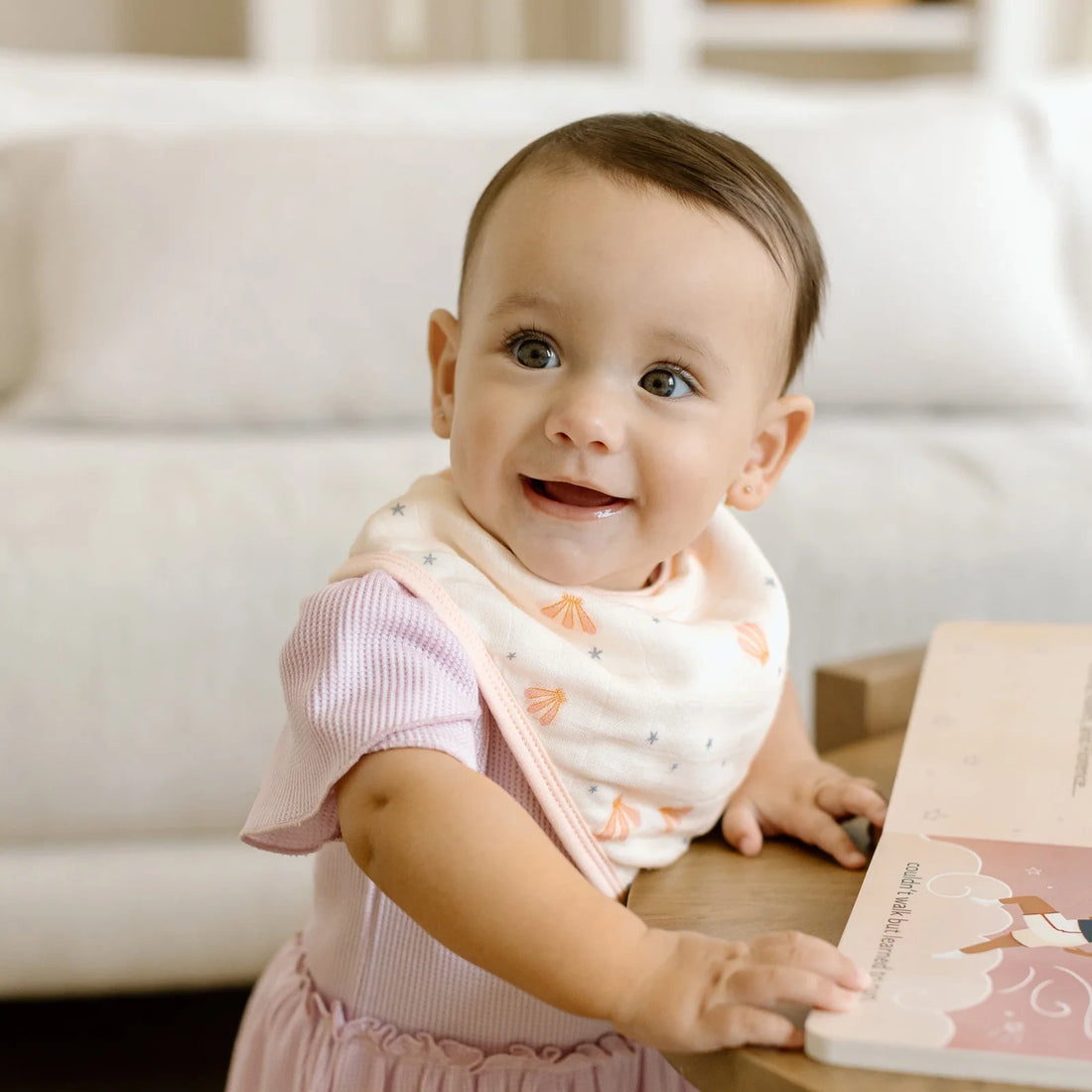 Loulou Lollipop Bandana Bib Set - 2 Pack - Mermaids — baby wearing the bandana bib.