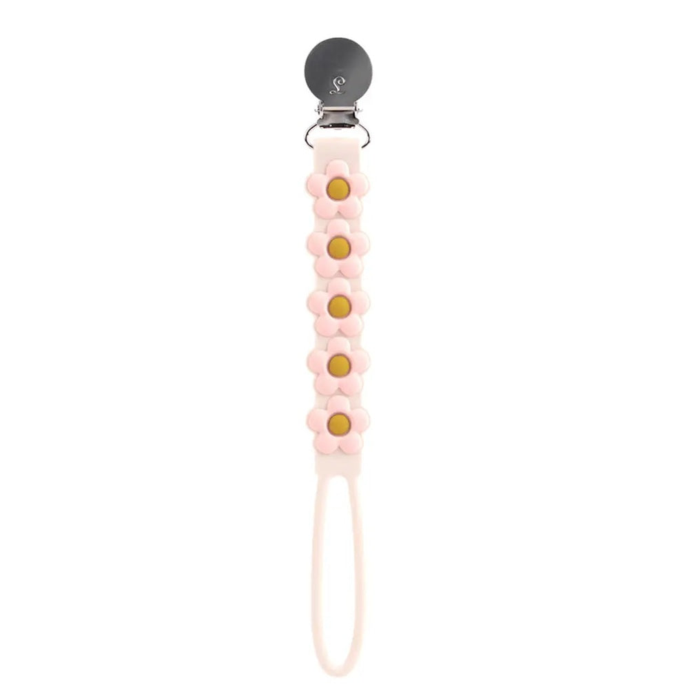 Loulou Lollipop Beadless Pacifier Clip in pale pink with pink flower beads; metal clip attaches to clothes, loop holds pacifier.