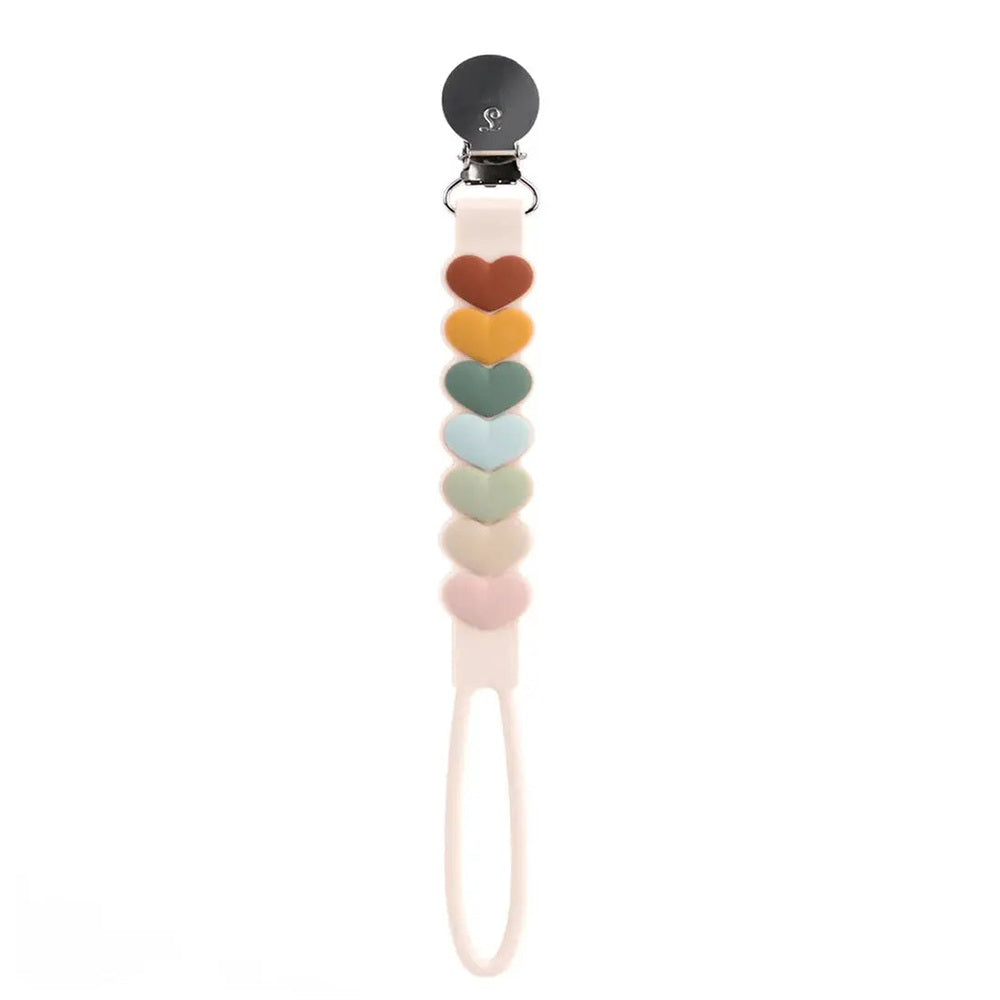 Loulou Lollipop Beadless Pacifier Clip with pastel heart beads, snap clip, and loop.