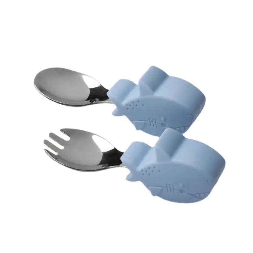 LOULOU LOLLIPOP Born To Be Wild learning spoon and fork set, blue shark-shaped handles.